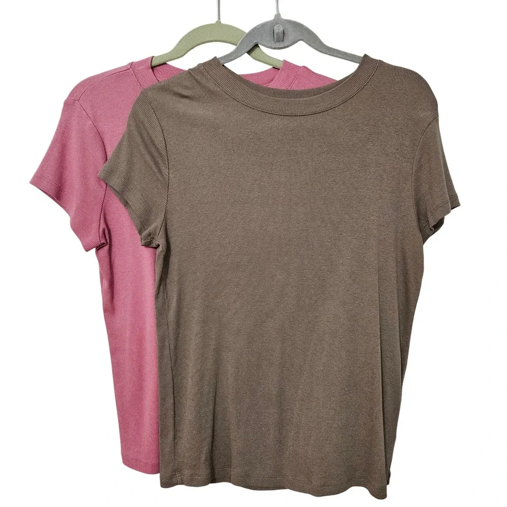 A New Day Womens Ribbed Short Sleeve T-Shirt 2 Pack Mauve Taupe Large Casual - Picture 1 of 10